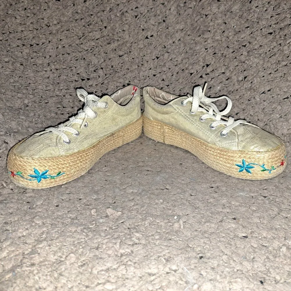 CAFE NOIR-Metallic Gold Fabric-Embroidered Espadrille Sneakers-Sz 37-Excellent